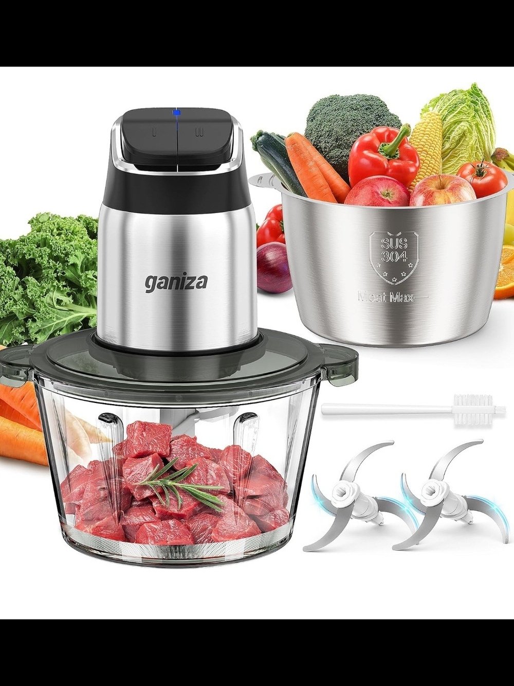 Ganiza Food Processor with Dual Bowls, 2-Speed Food Chopper & Meat Grinder

8Cup